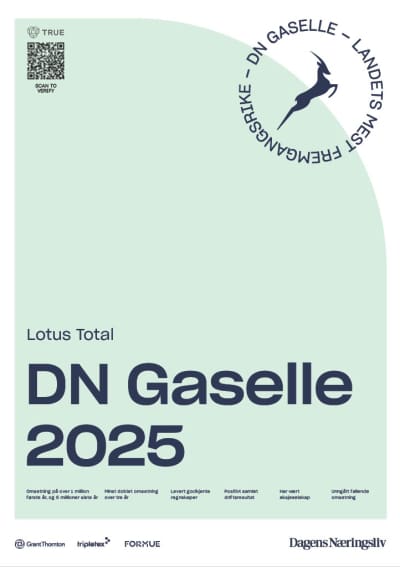 LOTUS Total kåret til årets Gasellebedrift 2025 av dagens Næringsliv: DN Gasellle bedrift 2025